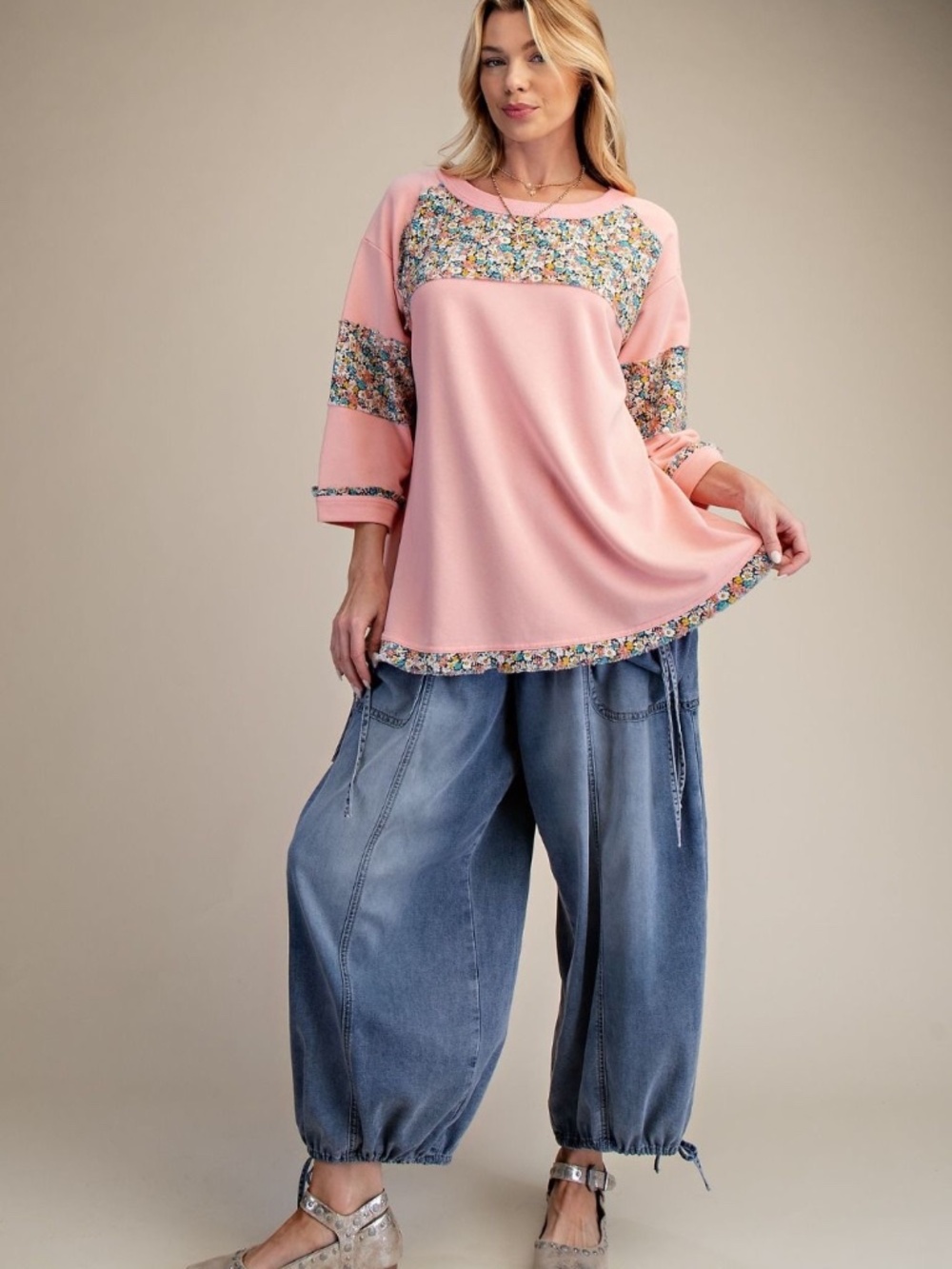 NEW EASEL Floral PATCH SOFT WASHED TERRY KNIT TOP BOXY PATCHWORK PINK RELAXED - Picture 4 of 4